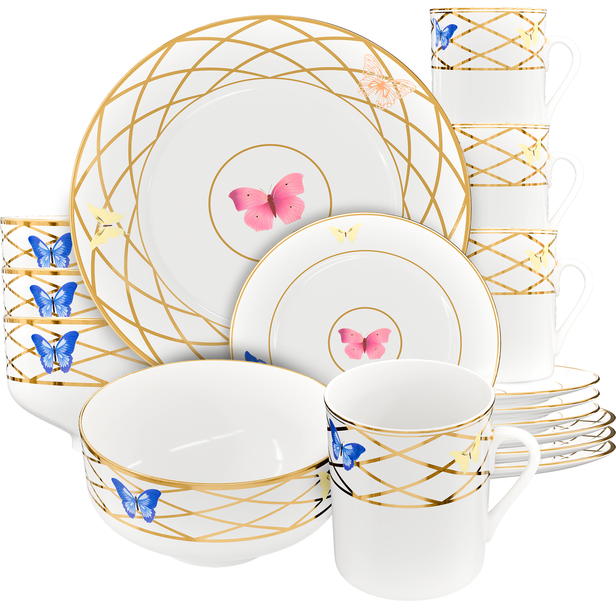 Elegant Butterfly Dinnerware Set with Gold Trim